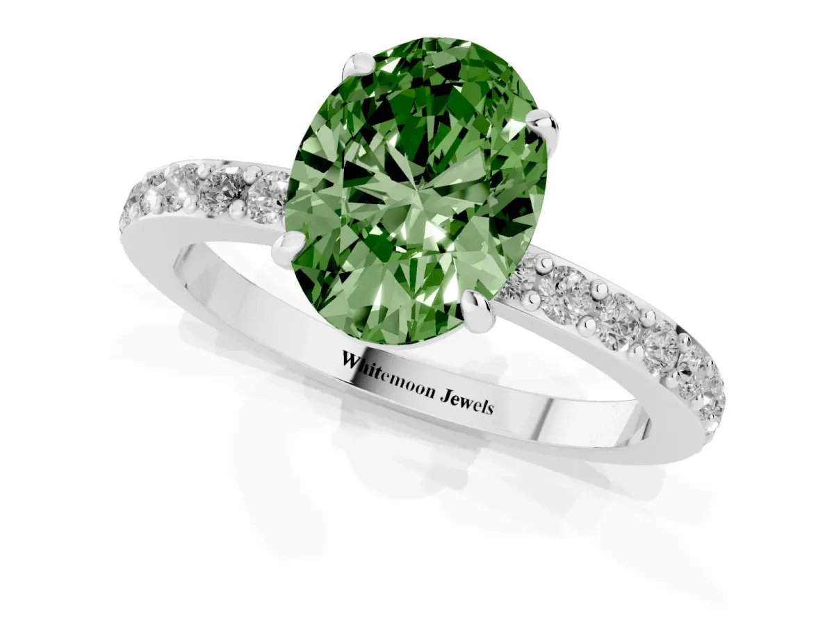 Fancy Green Oval Cut Diamond Pavé Engagement Ring with Round Accents and Prong Setting Silver