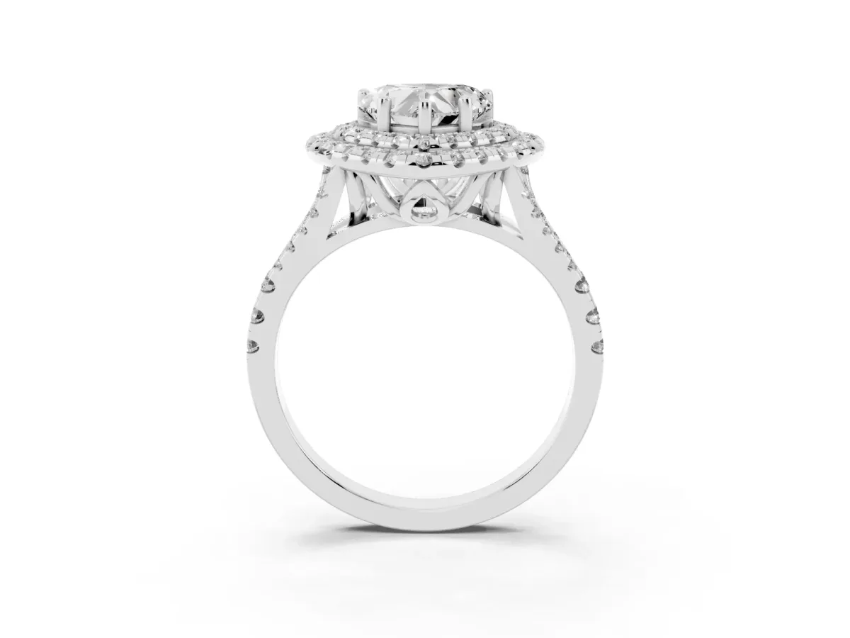 Double Halo Heart Cut Diamond Pavé Split Shank Ring with Prong Setting Silver