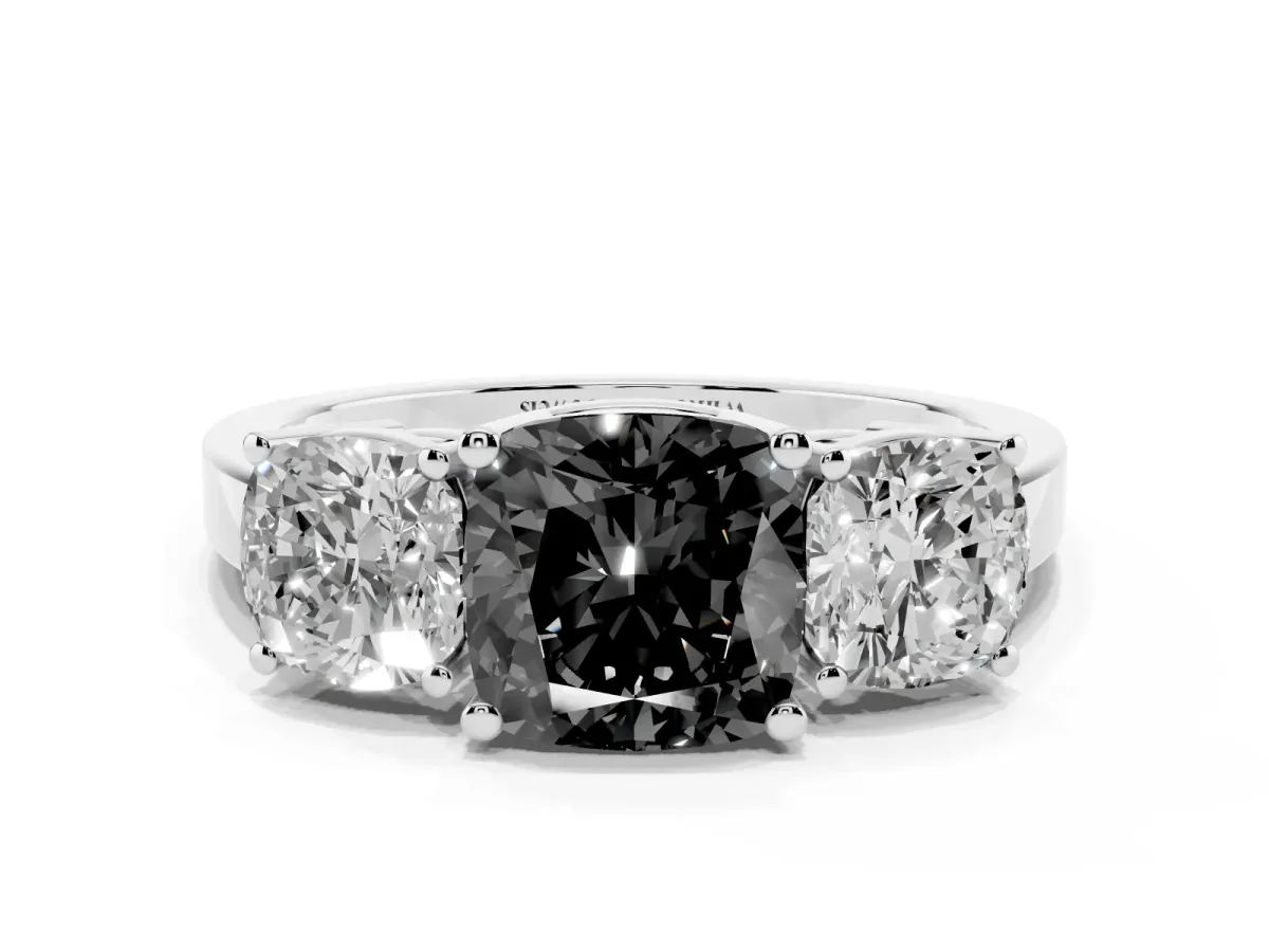 Fancy Black Three-Stone Cushion Cut Cut Diamond Engagement Ring with Flat Band and Four-Prong Setting Silver