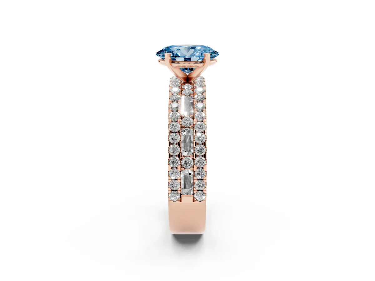 Fancy Blue Oval Cut Diamond Solitaire Ring with Pavé and Channel Set Band Rose gold