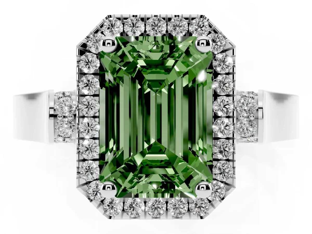 Fancy Green Emerald Cut Halo Pave Split Shank Prong Setting Ring Silver