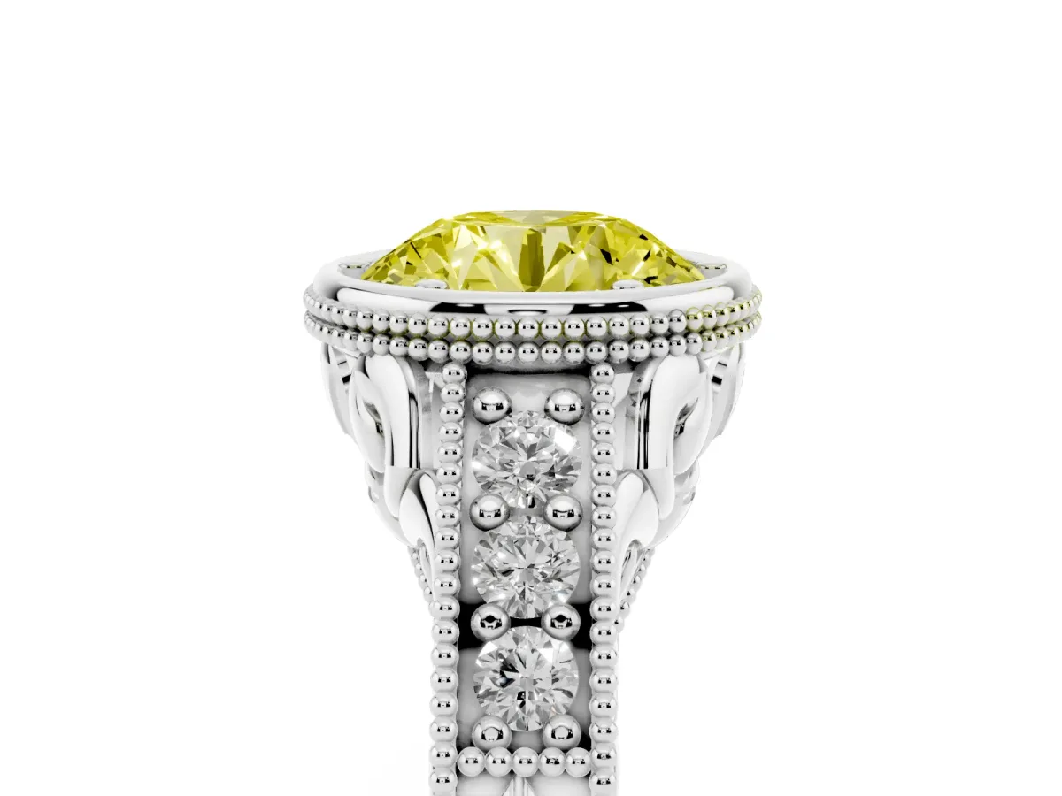 Fancy Yellow Bezel Set Round Cut Diamond Milgrain Pave Engagement Ring Silver