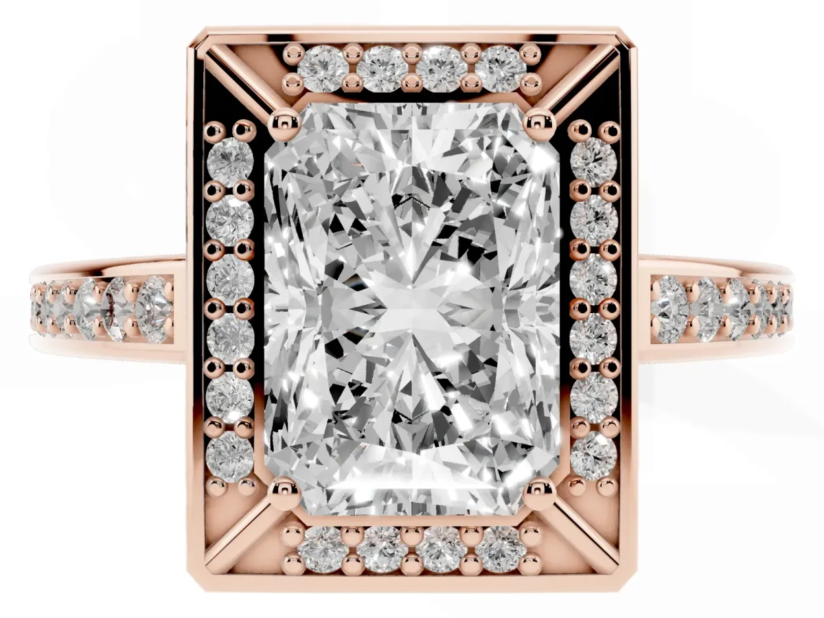 Radiant Cut Cut Halo Pave Split Shank Prong Setting Ring Rose gold