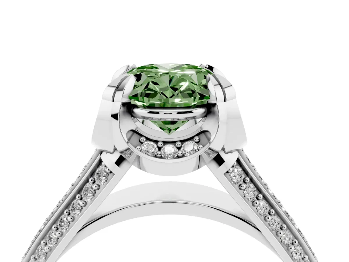 Fancy Green Oval Cut Solitaire Pave Split Shank Ring with Four-Prong Setting Platinum