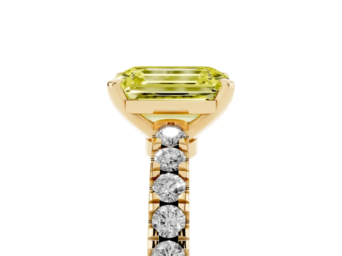 Fancy Yellow Emerald Cut Solitaire Diamond with Pavé Band and Four-Prong Setting Yellow gold