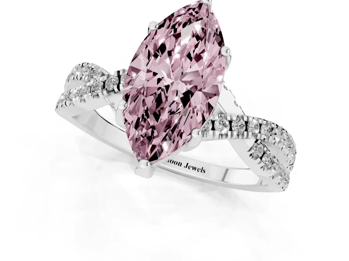 Fancy Pink Marquise Cut Solitaire Twist Pave Diamond Engagement Ring with Prong Setting Silver