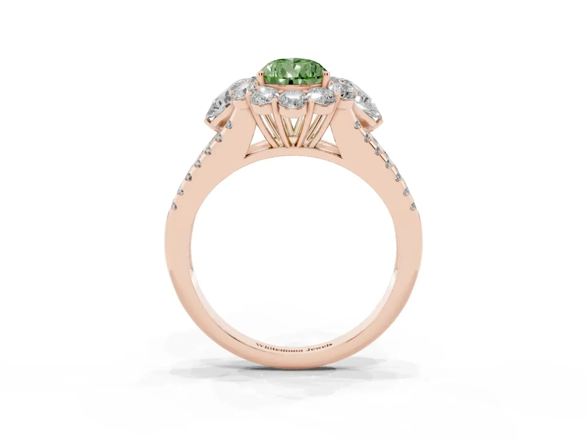 Fancy Green Pear Cut Halo Split Shank Diamond Engagement Ring with Prong Setting Rose gold