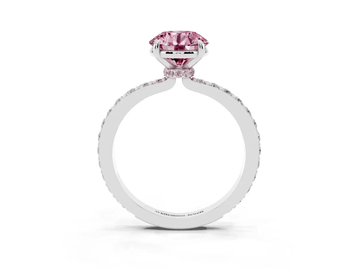 Fancy Pink Round Cut Diamond Pavé Engagement Ring with Round Accents and Prong Setting Silver