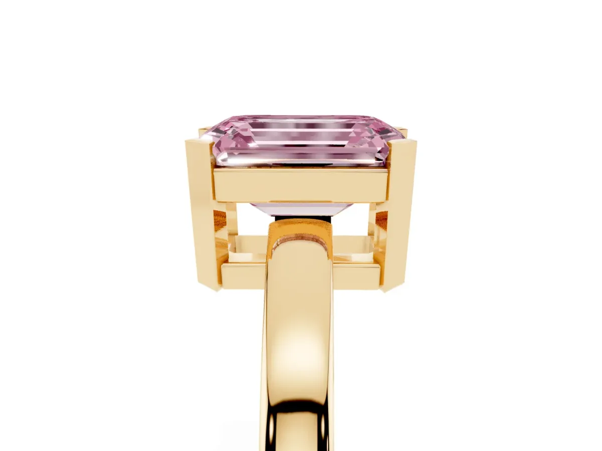 Fancy Pink Emerald Cut Cut Solitaire Ring with Four-Prong Setting and Classic Band Yellow gold