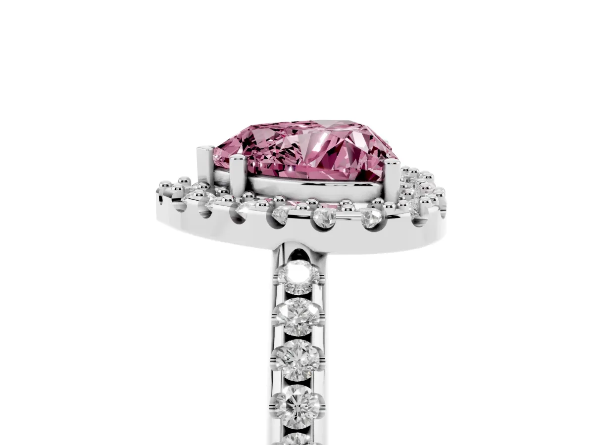 Fancy Pink Heart Cut Diamond Pavé Halo Ring with Four-Prong Setting Silver