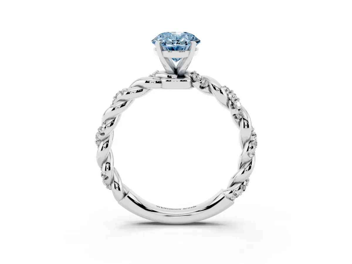 Fancy Blue Oval Cut Diamond Solitaire Ring with Twisted Band and Pavé Accents White gold