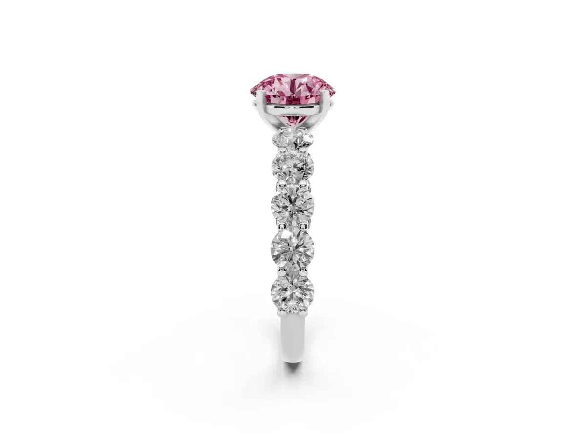 Fancy Pink Round Cut Diamond Prong Setting with Side Stones on a Pave Band Silver