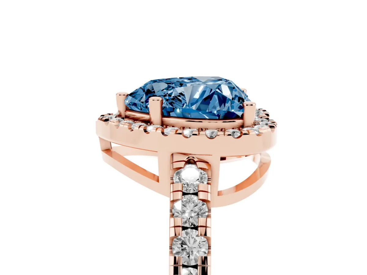 Fancy Blue Heart Cut Diamond Halo Ring with Pavé Band and Four-Prong Setting Rose gold