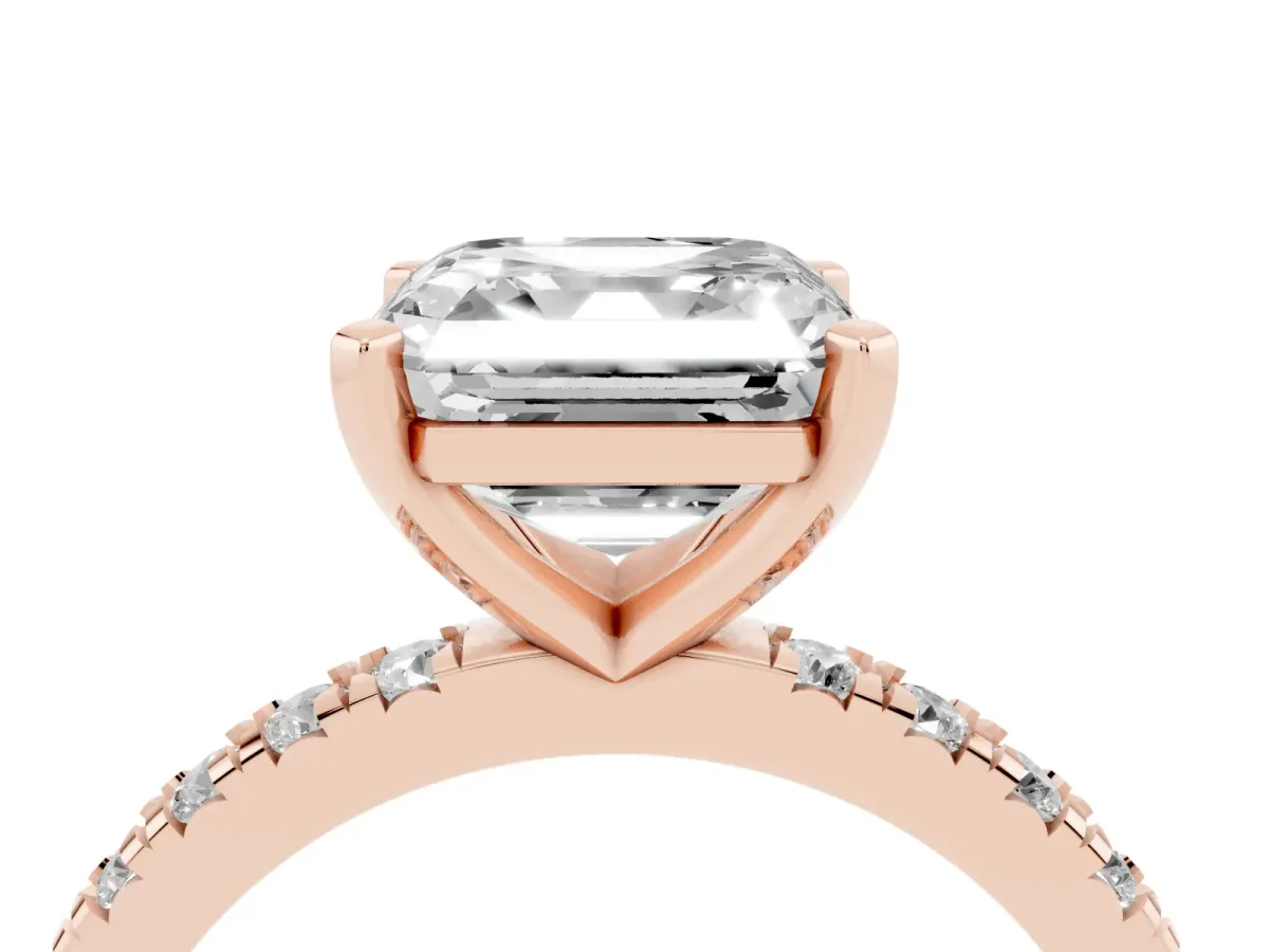 Asscher Cut Diamond Pavé Band Solitaire with Four-Prong Setting Rose gold