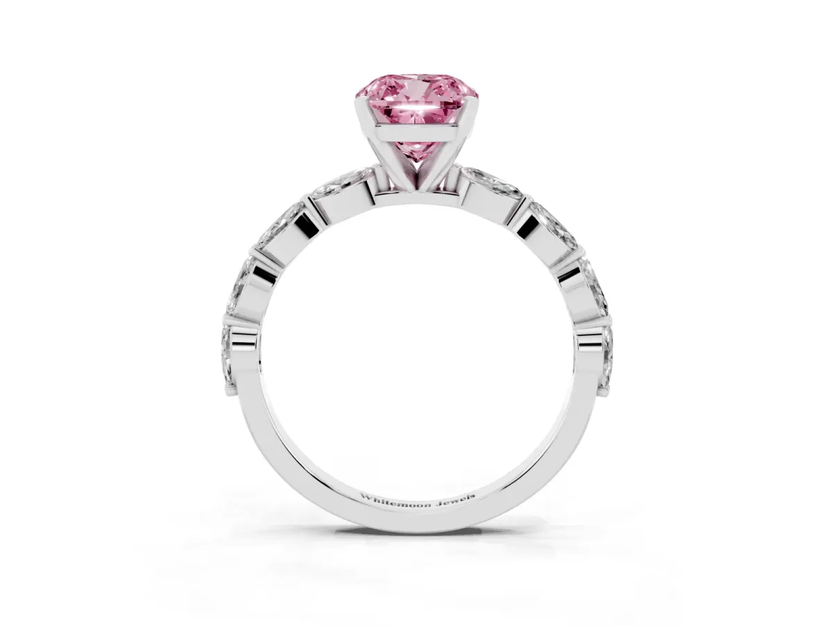 Fancy Pink Cushion Cut Diamond Ring with Marquise Side Stones and Prong Setting White gold