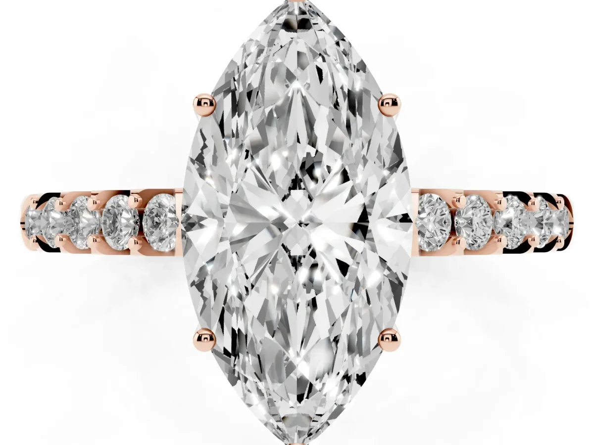 Marquise Cut Solitaire Diamond Engagement Ring with Pavé Band and Six-Prong Setting Rose gold