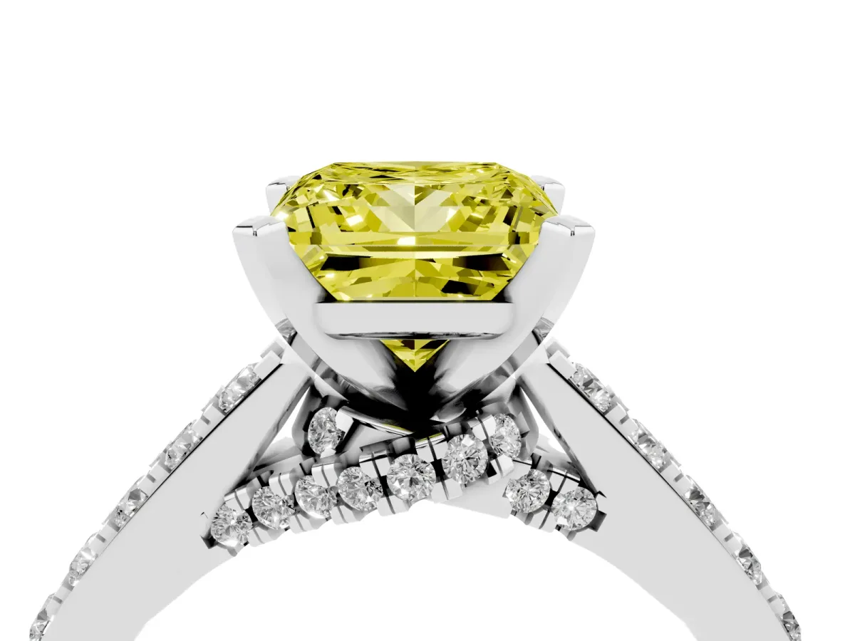 Fancy Yellow Princess Cut Diamond Solitaire Ring with Crossover Gallery and Round Pavé Band Silver