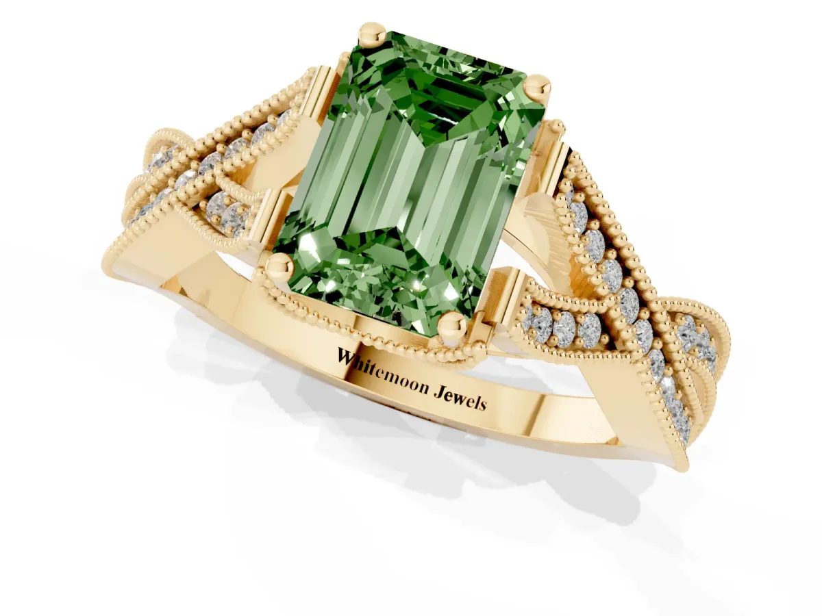 Fancy Green Emerald Cut Cut Diamond Twisted Band with Milgrain Pave Setting and Four-Prong Setting Yellow gold