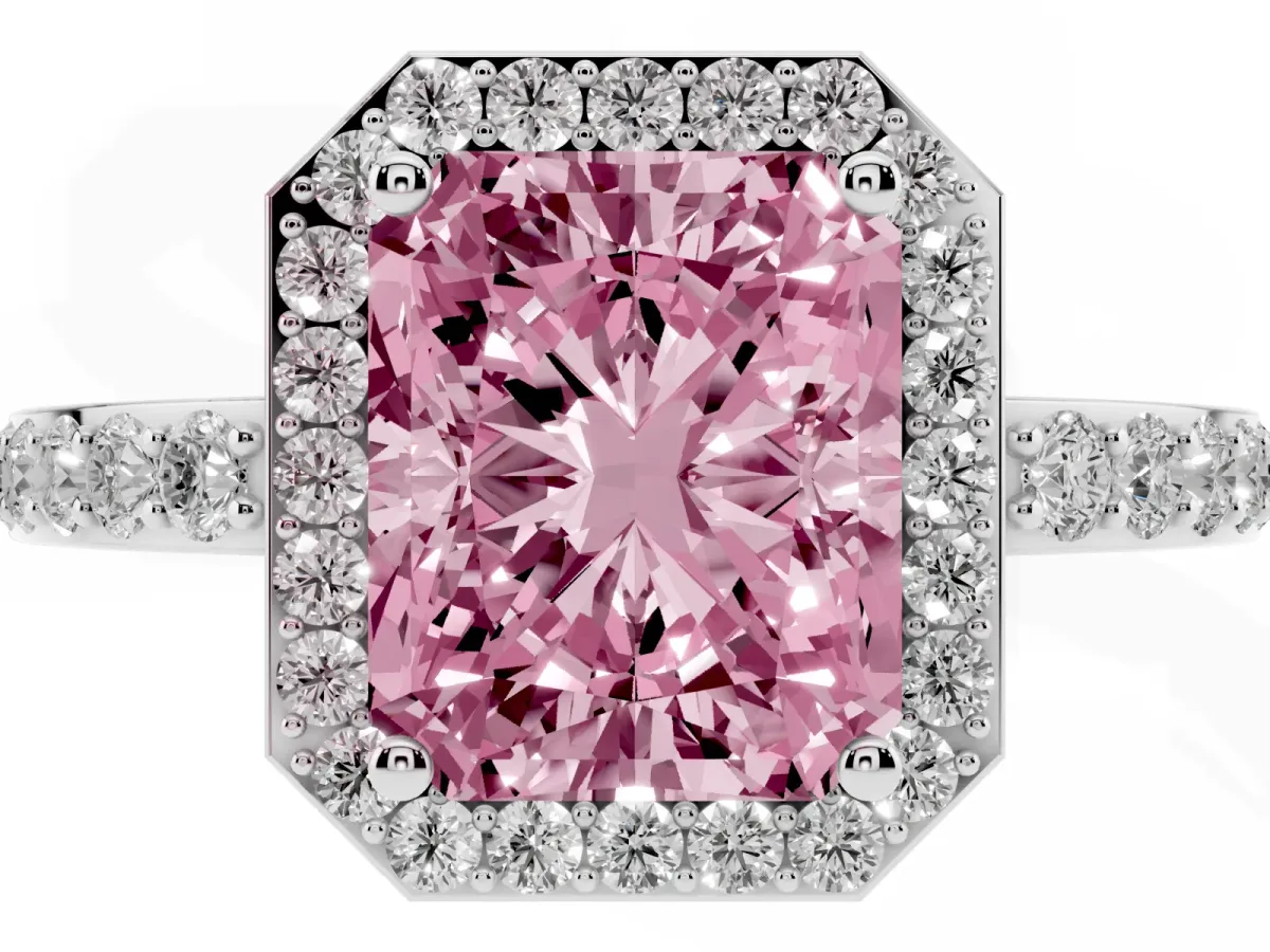 Fancy Pink Radiant Cut Halo Diamond Pavé Band Ring with Prong Setting Platinum