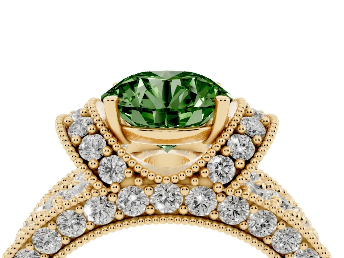 Fancy Green Round Cut Halo Pave Diamond Engagement Ring with Milgrain Detailing Yellow gold