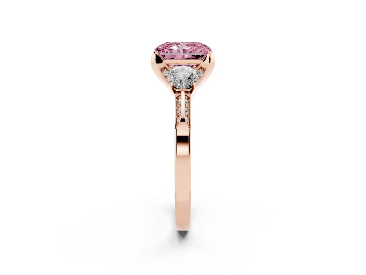 Fancy Pink Radiant Cut Brilliant Three-Stone Diamond Ring with Pavé Band and Four-Prong Setting Rose gold