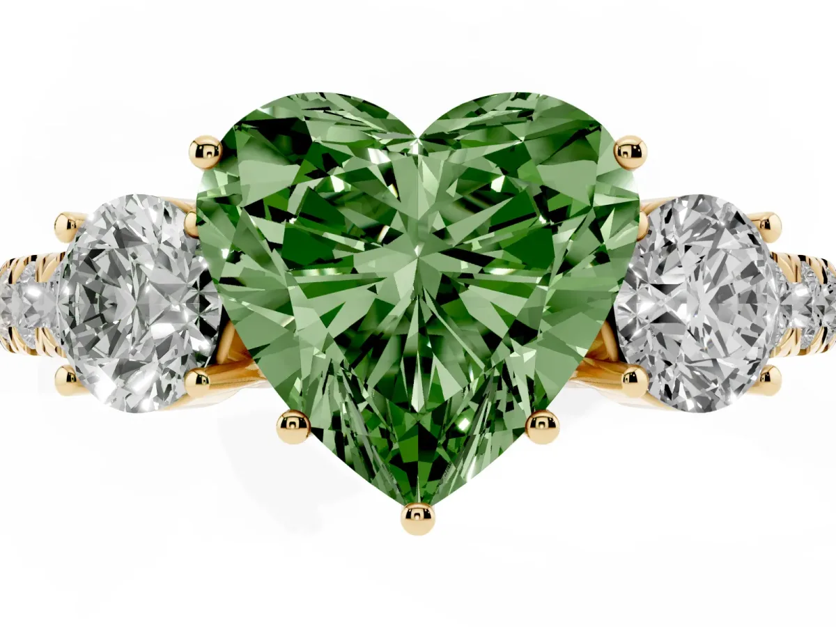 Fancy Green Heart Cut Cut Diamond Three-Stone Ring with Round Side Stones and Pavé Band Yellow gold