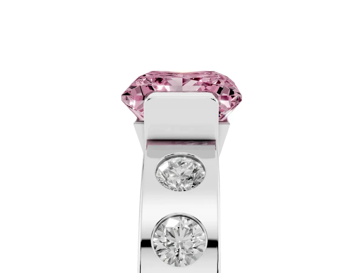 Fancy Pink Princess Cut Brilliant Channel-Set Diamond Ring with Bezel Prong Setting Silver