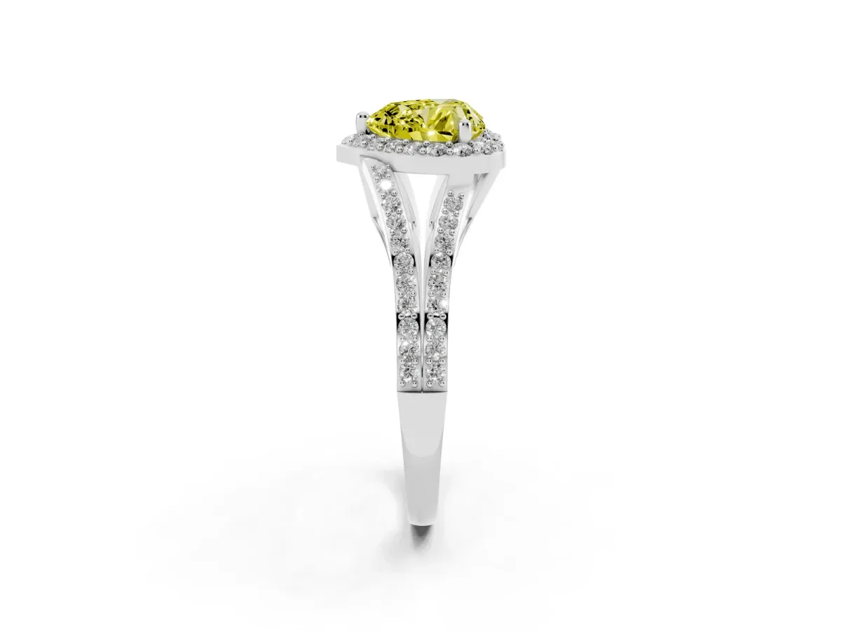 Fancy Yellow Heart Cut Halo Split Shank Pave Diamond Ring with Four-Prong Setting Platinum