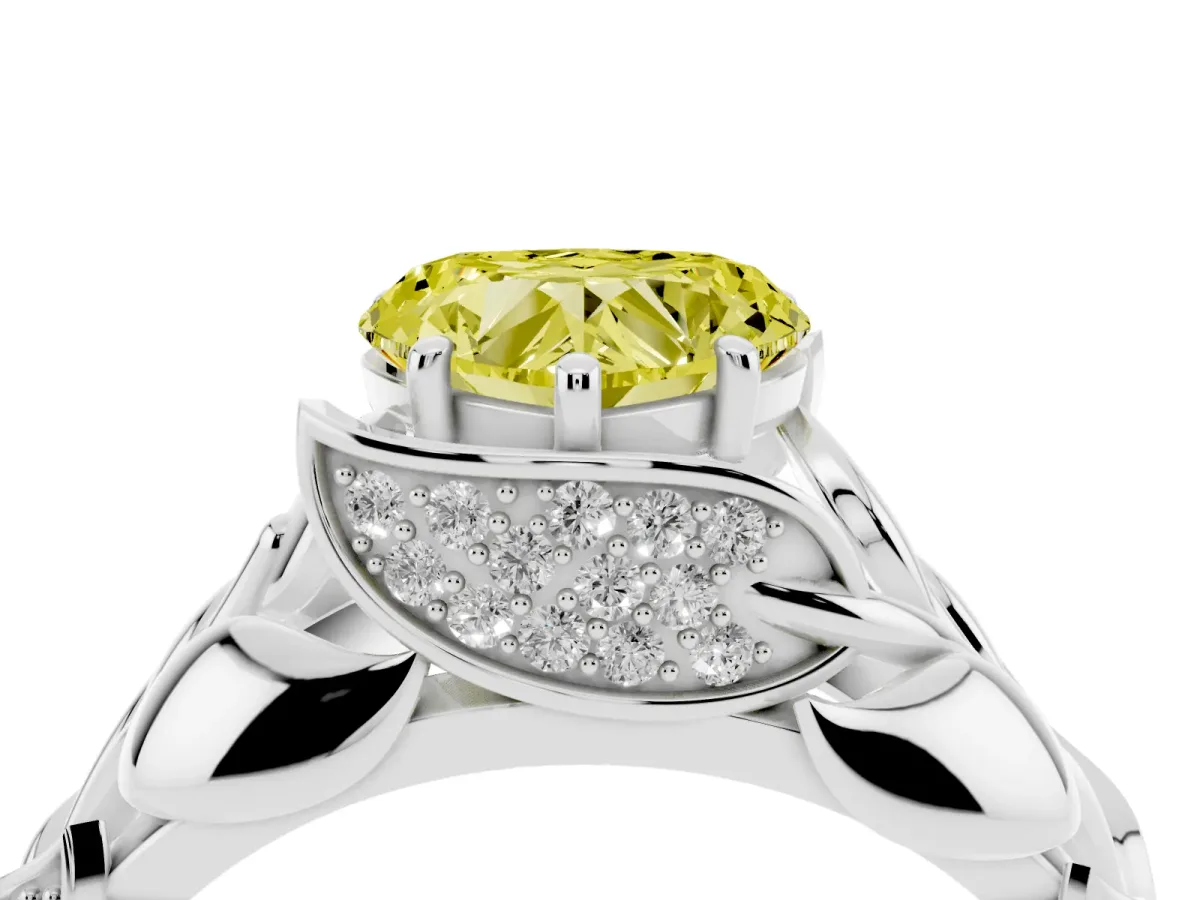 Fancy Yellow Heart Cut Diamond Leaf-Inspired Engagement Ring with Round Accents and Prong Setting Silver