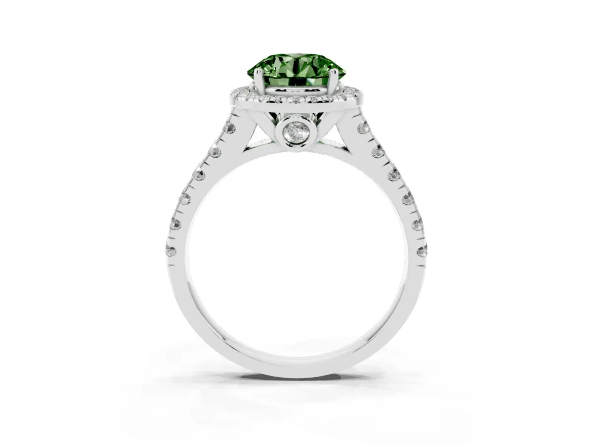 Fancy Green Round Cut Halo Pavé Diamond Engagement Ring with Four-Prong Setting Silver