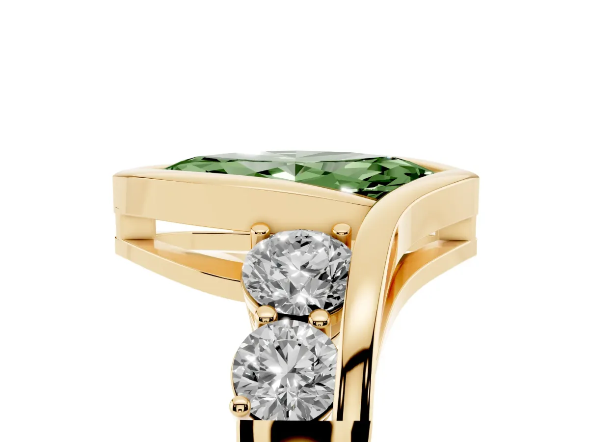 Fancy Green Bezel Set Marquise Cut Diamond Bypass Ring with Round Accents Yellow gold