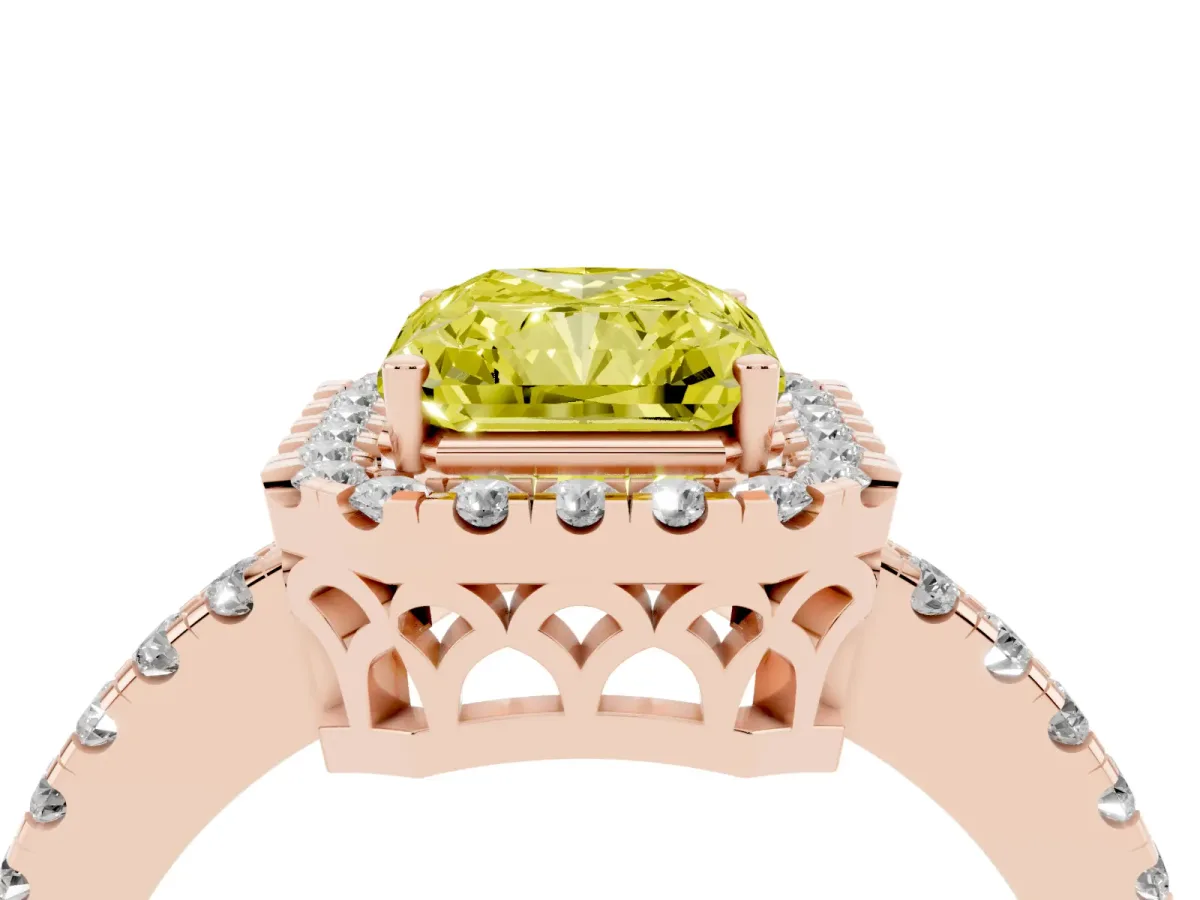 Fancy Yellow Radiant Cut Halo Diamond Engagement Ring with Pavé Band and Four-Prong Setting Rose gold