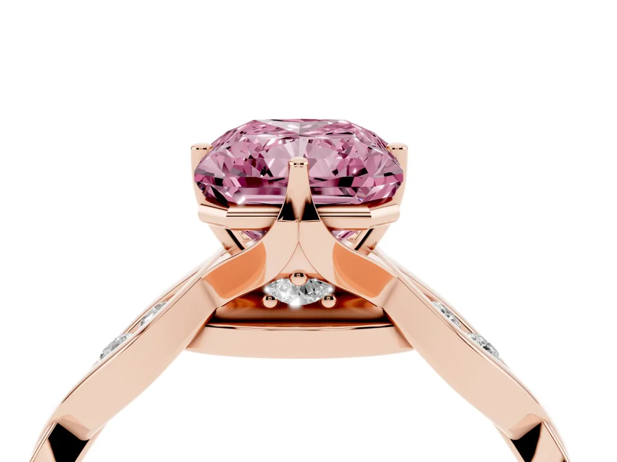 Fancy Pink Radiant Cut Solitaire Twist Band with Leaf Prong Setting Rose gold