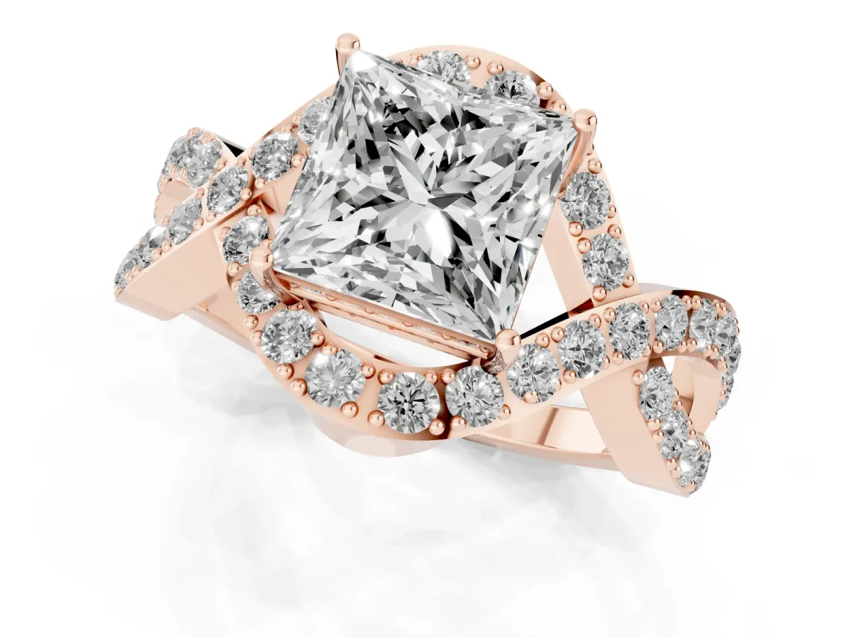 Princess Cut Solitaire Twist Band Pavé Diamond Engagement Ring Rose gold