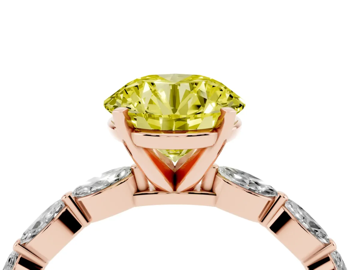 Fancy Yellow Round Cut Diamond Ring with Marquise Side Stones and Prong Setting Rose gold