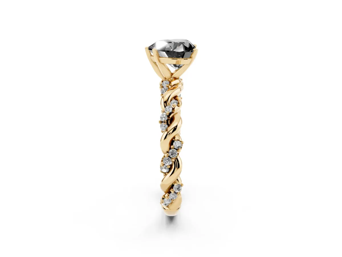 Fancy Black Heart Cut Diamond Solitaire Ring with Twisted Band and Pavé Accents Yellow gold