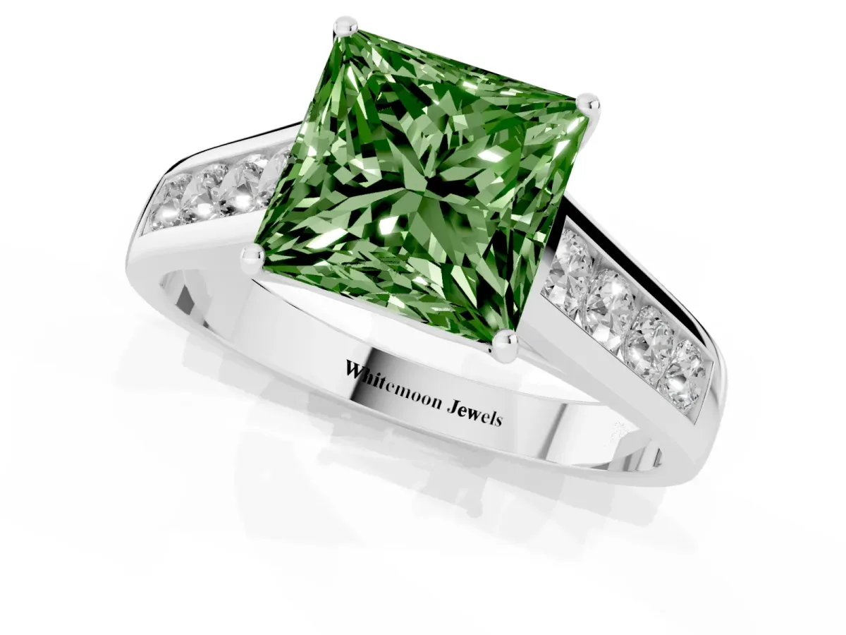Fancy Green Princess Cut Brilliant Channel-Set Solitaire Ring with Four-Prong Setting Platinum