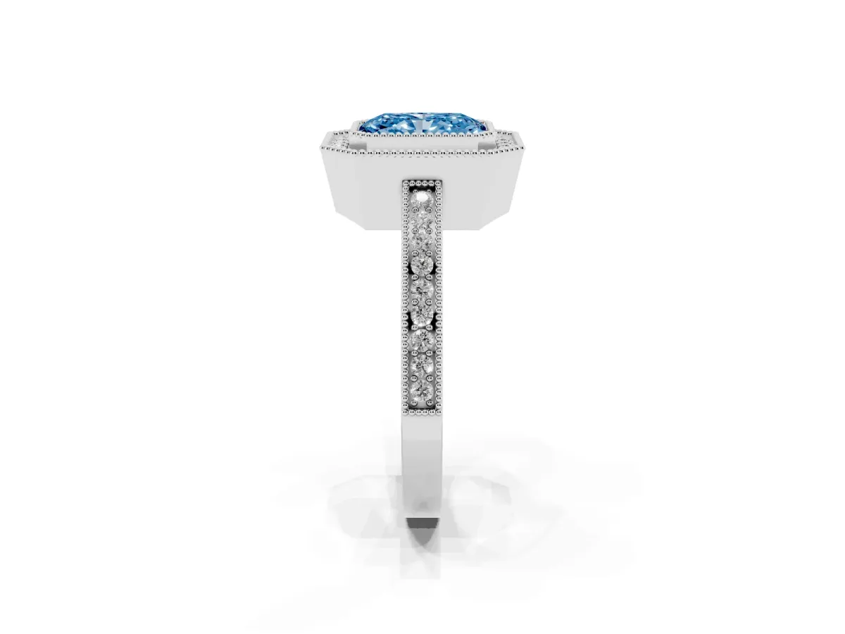 Fancy Blue Radiant Cut Cut Halo Diamond Ring with Pavé Band and Milgrain Prong Setting Platinum