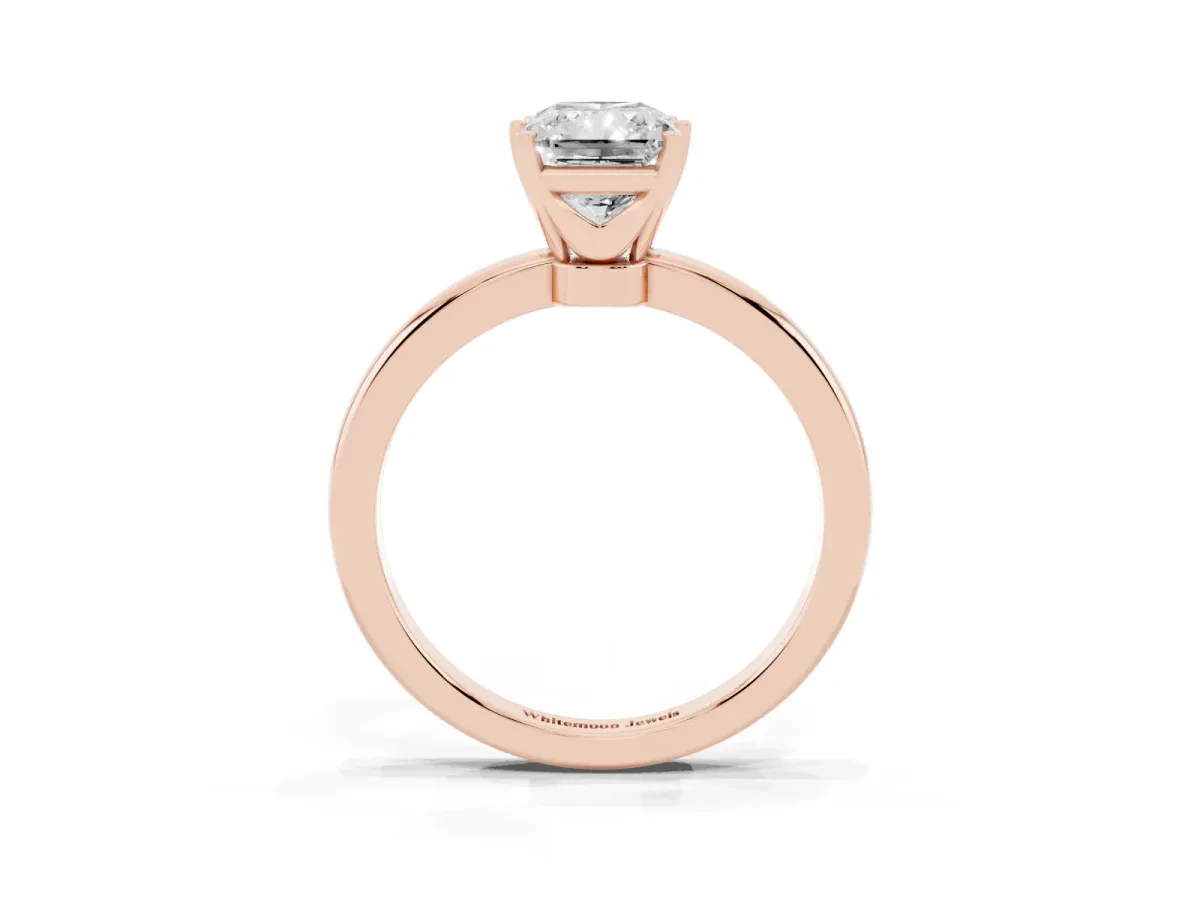 Radiant Cut Solitaire Diamond Ring with Six-Prong Setting on a Classic Band Rose gold