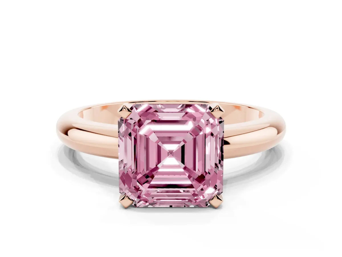 Fancy Pink Asscher Cut Diamond Solitaire Engagement Ring with Round Band and Four-Prong Setting Rose gold