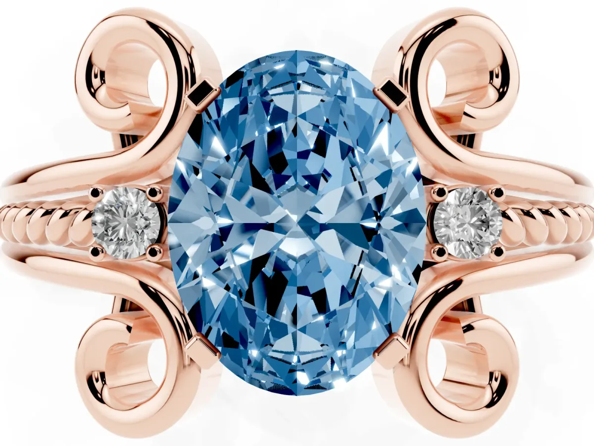 Fancy Blue Oval Cut Solitaire Twisted Band Scroll Prong Ring Rose gold