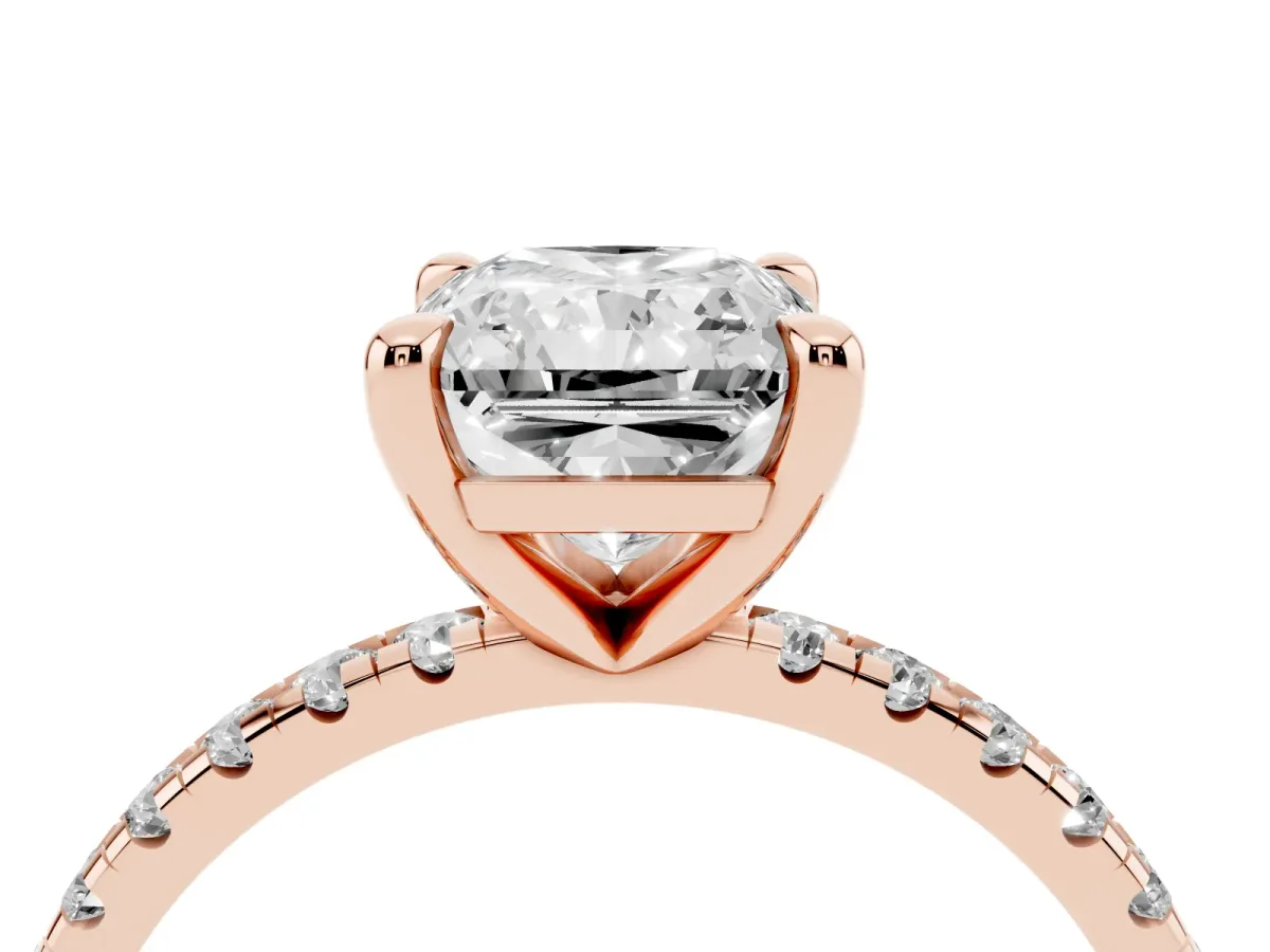 Radiant Cut Diamond Brilliant Solitaire Ring with Pavé Band and Four-Prong Setting Rose gold