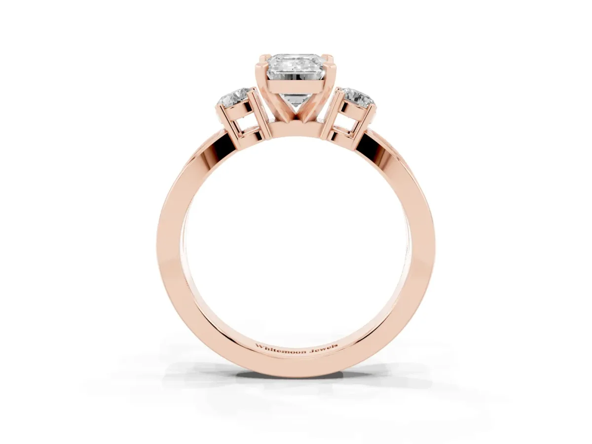 Three-Stone Emerald Cut Cut Diamond Twist Band with Prong Setting Rose gold