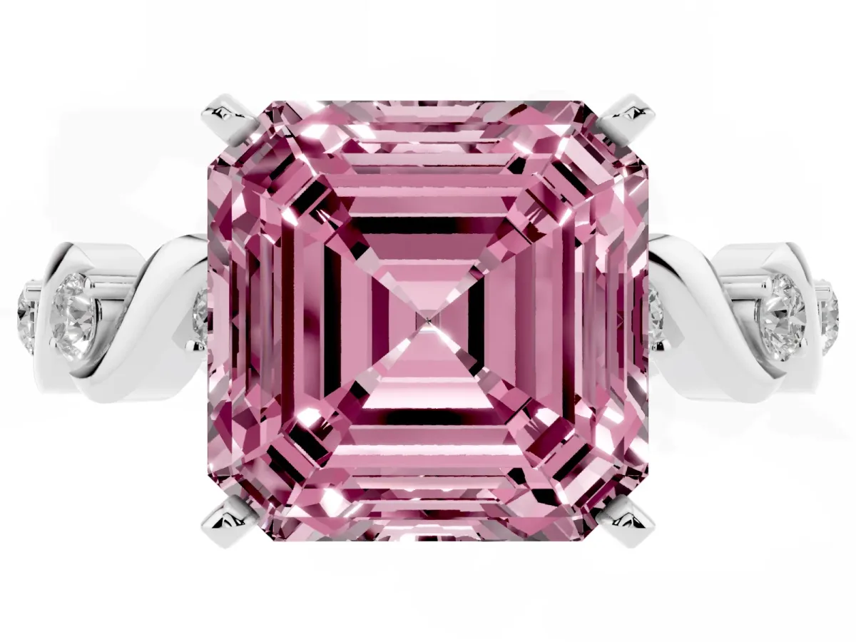 Fancy Pink Asscher Cut Diamond Solitaire Twisted Band with Round Accents and Prong Setting Silver