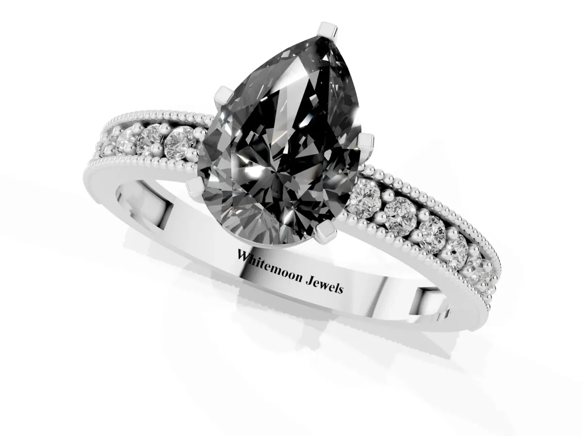 Fancy Black Pear Cut Diamond Milgrain Pavé Engagement Ring with Four-Prong Setting Platinum