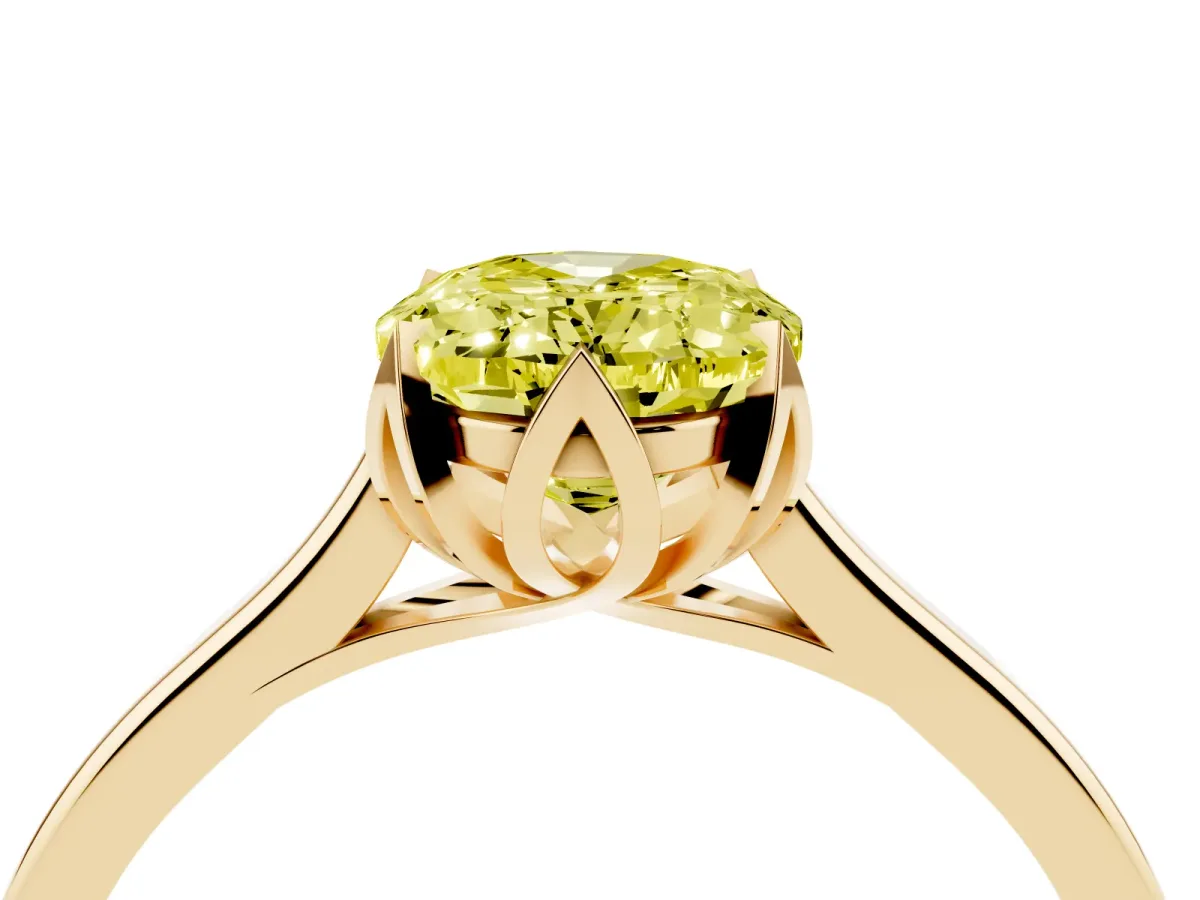 Fancy Yellow Oval Cut Diamond Solitaire Ring with Flower Prong Setting and Classic Band Yellow gold
