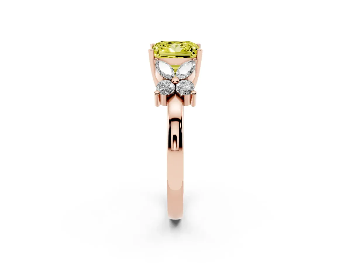 Fancy Yellow Princess Cut Diamond Floral Cluster Ring with Solitaire Band and Prong Setting Rose gold
