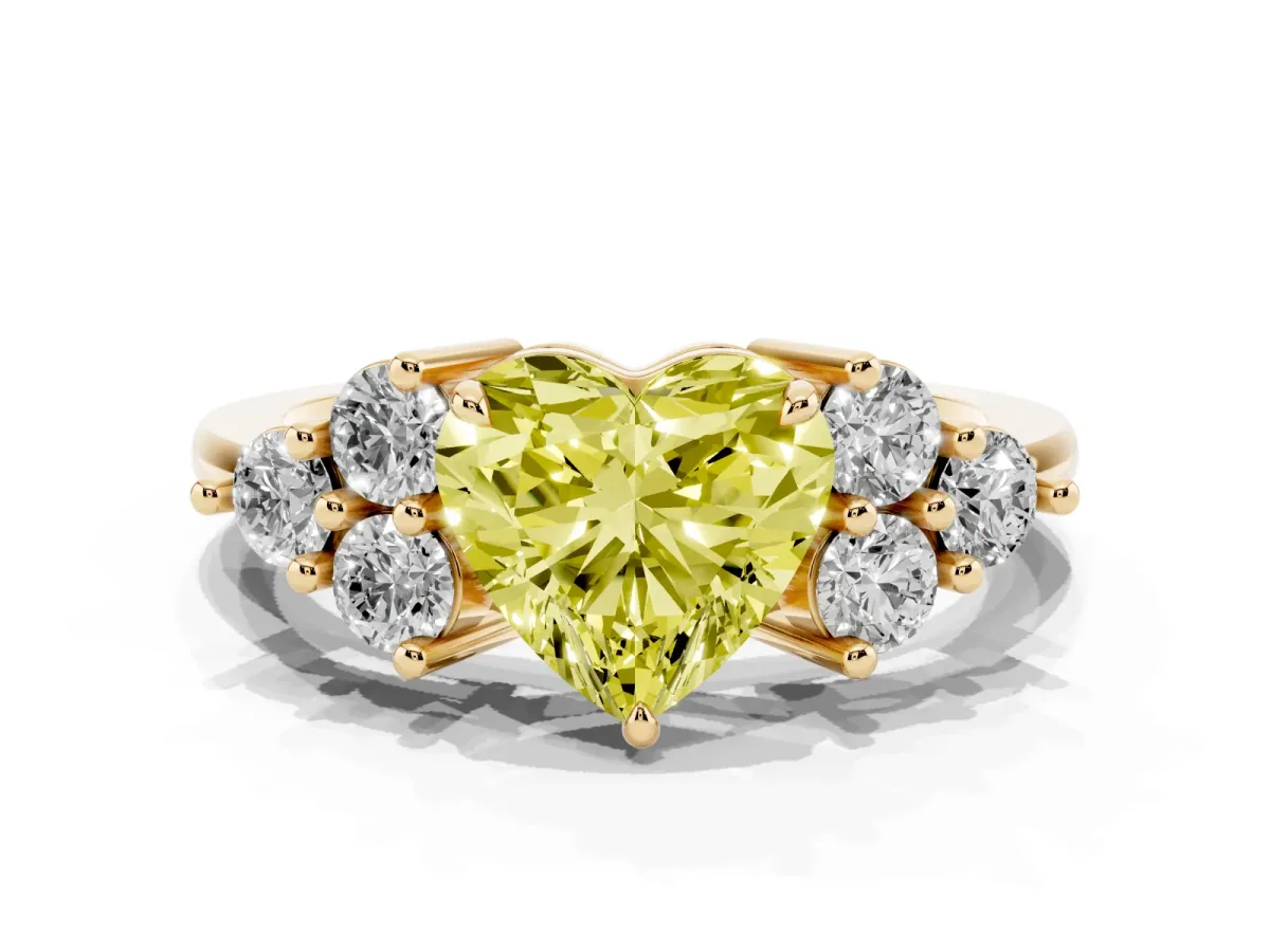 Fancy Yellow Heart Cut Brilliant Diamond Cluster Accent Solitaire Ring with Prong Setting Yellow gold