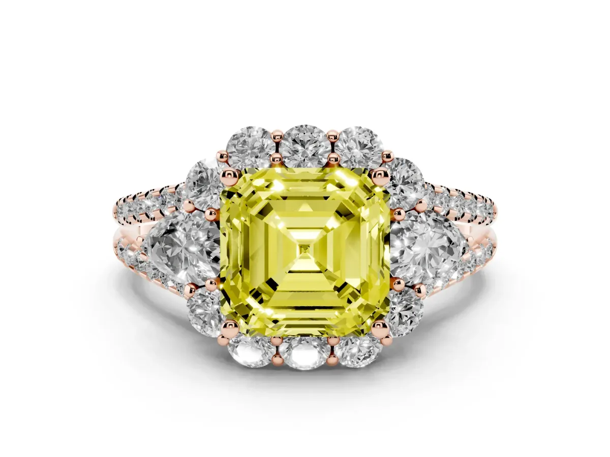 Fancy Yellow Asscher Cut Halo Split Shank Diamond Engagement Ring with Prong Setting Rose gold