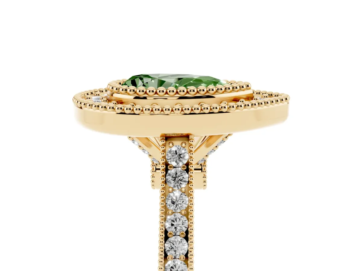 Fancy Green Pear Cut Diamond Halo Ring with Milgrain Frame and Pavé Band Yellow gold